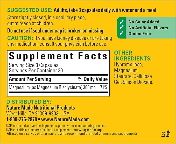 Nature Made High Absorption Magnesium Glycinate 300mg per 3 Capsules, Magnesium Supplement for Muscle, Heart, Nerve and Bone Support, 90 Magnesium Bisglycinate Capsules, 30 Day Supply