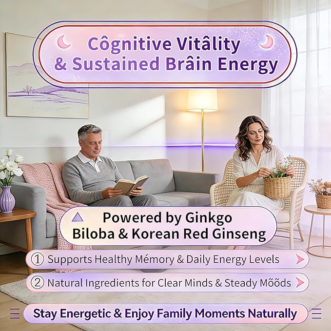 Vegan L-Theanine Gummies 200mg with Caffeine(100mg), Korean Red Ginseng & Ginkgo Biloba- Brain Supplement for Focus, Memory & Energy, Sugar-Free, No Jitters, 120 Counts