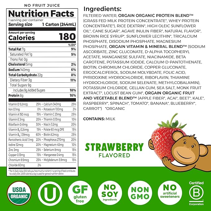 Orgain Organic Kids Nutritional Protein Shake, Strawberry, Healthy Kids Snacks, 8g Dairy Protein, 3g of Fiber, 22 Vitamins & Minerals, No Soy ingredients, Gluten Free, Non-GMO, 8.25 Fl Oz (Pack of 24)