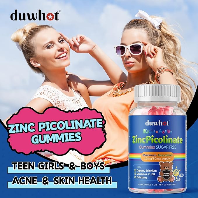 Zinc for Kids Supplements, Zinc Picolinate 30mg Gummies with Copper, High Absorption Form, with Selenium, Elderberry, for Kids Teens Growth, Skin & Immune Health, Sugar Free, 60 Gummies