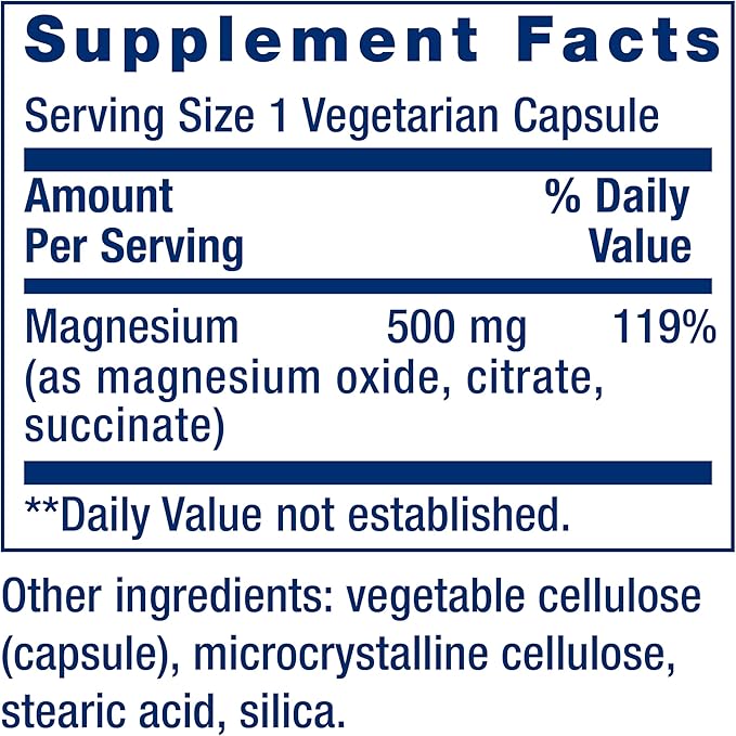 Life Extension Magnesium Caps, 500 mg, Magnesium Oxide, Citrate, and Succinate, Heart Health, Healthy Bones, Metabolism Support, 100 Vegetarian Capsules