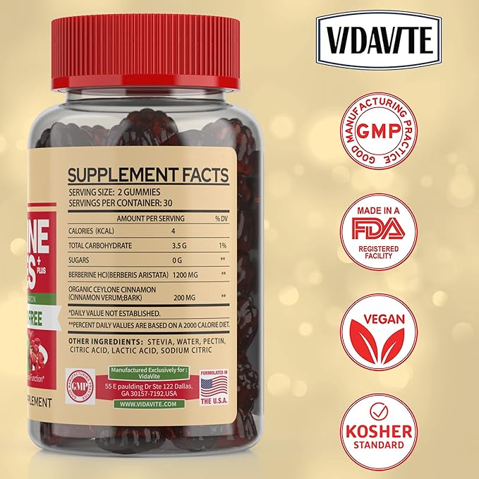 VIDAVITE Berberine with Ceylon Cinnamon Gummies — Sugar-free, 98% Pure & 10x Absorption — 1200mg HCL Organic Berberine Supplement for Weight Management, Immunity, Metabolic & Digestive Health(30 Days)