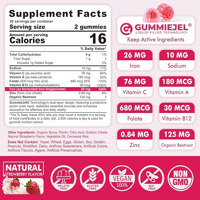Iron Bisglycinate 26mg Filled Gummies- Gentle Beet Root Iron Gummy plus Vitamin C, Supplement Iron with B12 & Folate for Women & Men, Iron Deficiency, Immune & Energy Support, Sugar-Free, Vegan,120Cts