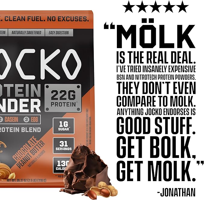 Jocko Fuel Mölk Whey Protein Powder 22g Low Sugar Monk Fruit Blend - Muscle Recovery & Growth, Packaging May Vary (25 Servings, Chocolate Peanut Butter)