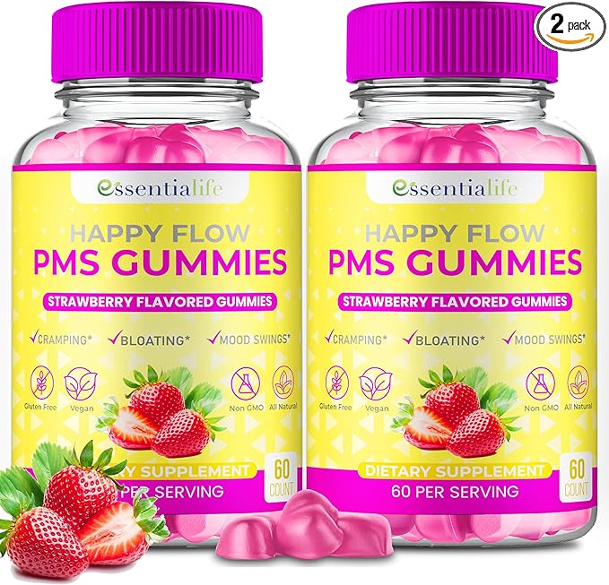 PMS Gummies - Happy Flow PMS Support Supplement for Women - Strawberry PMS Relief Supplement with Vitamin B6 for Hormone Balance, Period Support, Cramps, Hormonal Acne & Bloating Relief (120 Count)
