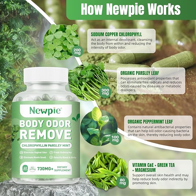 Body Deodorizing Supplement, Chlorophyll Capsules for Skin Body Odor, Fresh Breath & Gut Odor Control for Men & Women | Vegan with Parsley Leaf Green Tea, Gluten Free, 60 Capsules (3)