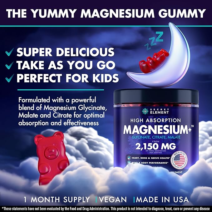 Magnesium Glycinate 2150 MG Gummies, High Absorption Magnesium Glycinate, Citrate & Malate, Sugar-Free, Vegan, Chews for Men & Women, 60 Gummies, Cherry Flavor– 60 Wild Cherry Flavor Chews
