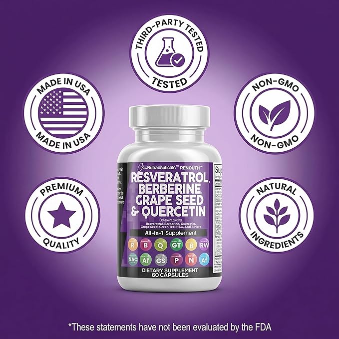 Clean Resveratrol Supplement | Berberine Grape Seed Extract Quercetin Green Tea Extract Acai Noni Polyphenol Supplement for Women & Men N-Acetyl Cysteine