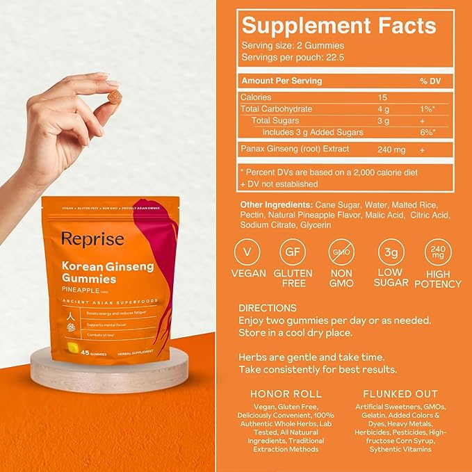 Ginseng Gummies for Adults | Korean Ginseng Supplement for Men and for Women | 240 mg Red Ginseng Gummy | Energy Gummies for Memory, and Immunity | Pineapple Flavored Ginseng Chews, 45 Gummies