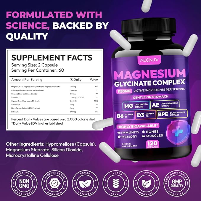 Magnesium Glycinate Complex 1150mg - Gentle on Stomach High Absorption Magnesium Capsules with Citrate, Silica, Ashwagandha & Vitamin B6 for Zzz, Stress Relief, Muscle Support for Adults, Women & Men