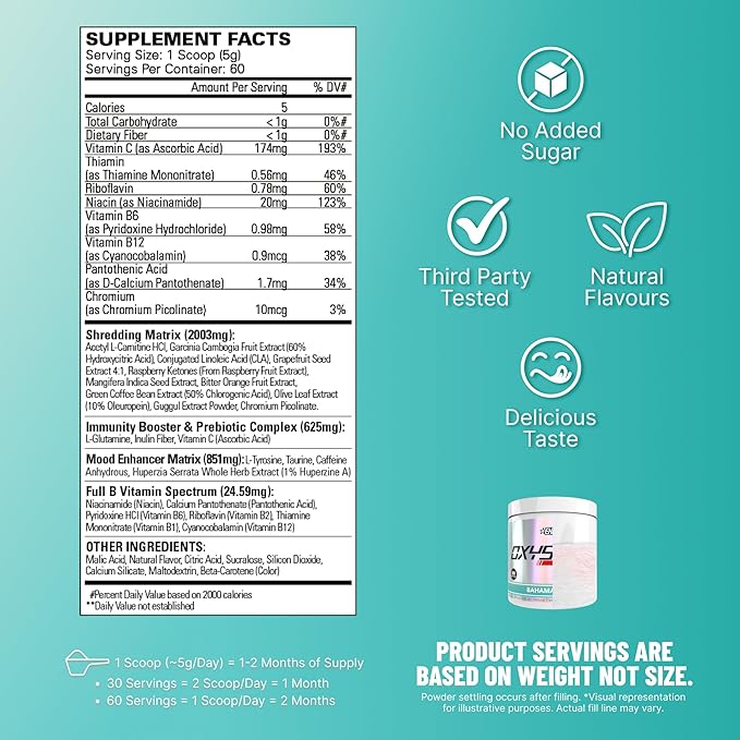 EHP Labs OxyShred Pre Workout Powder - Preworkout Powder with L Glutamine & Acetyl L Carnitine, Energy Boost Drink - Bahama Breeze/Beach, 60 Servings