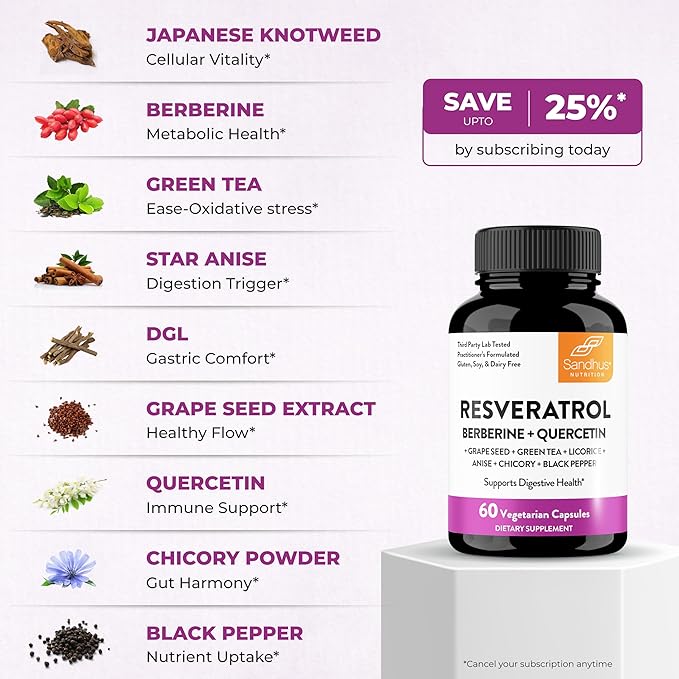 Resveratrol with Berberine Supplement For Gut Health Support | 240 Digestive Capsules For Women & Men | With Green Tea Extract, Star Anise, DGL, Grape Seed, Quercetin | Helps Ease Bloating & Digestion
