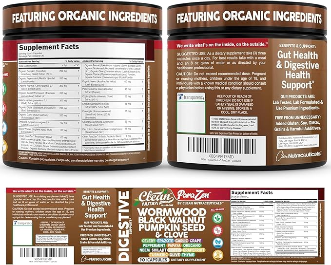 Clean Nutra Wormwood Black Walnut Pumpkin Seed Clove Oil Celery Garlic Grape Papaya Neem Diatomaceous Earth Womens Probiotic Gut Health Cleanse Detox Oregano Olive Turmeric Supplement Vegan Capsules