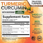 Turmeric Curcumin Supplement - 2400mg Organic Turmeric Per Serving - 95% Curcuminoids & BioPerine Black Pepper Extract for Best Absorption - Natural Vegan Joint Support, Bottled in USA - 180 Capsules