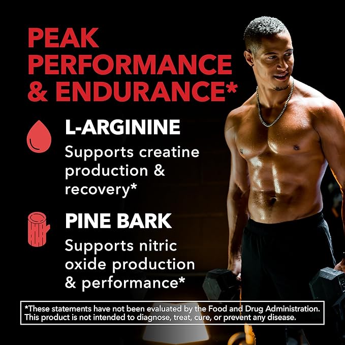 L-Arginine 1800mg and Pine Bark Extract 100mg - Nitric Oxide Supplement for Men - Performance Supplement for Men's Health - 90 Count - Endurance, Recovery Support - Vegan, Non-GMO Capsules