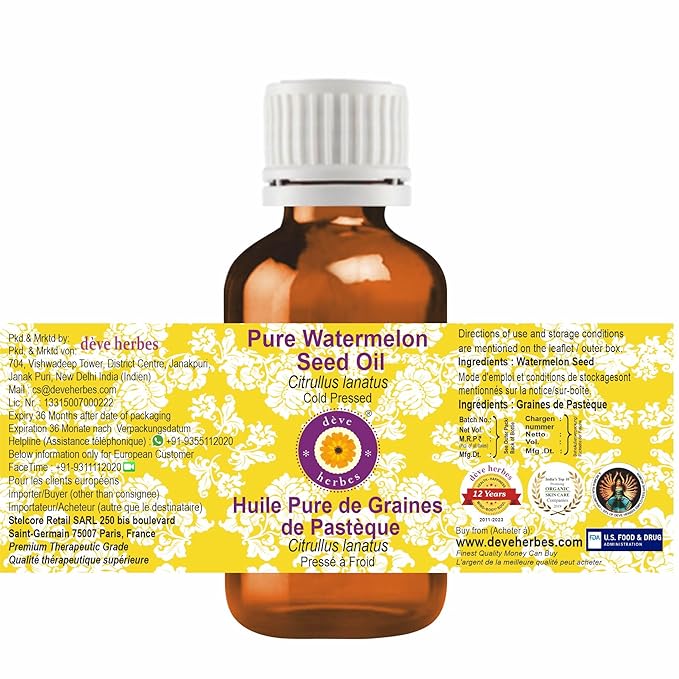 Deve Herbes Pure Watermelon Seed Oil (Citrullus lanatus) Cold Pressed 200ml (6.76 oz)