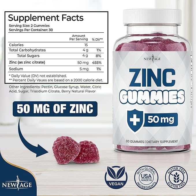 NEW AGE Zinc Gummies - 50mg Zinc Supplement, Immune Supplement, Antioxidant, Non-GMO (60 Count (Pack of 1))