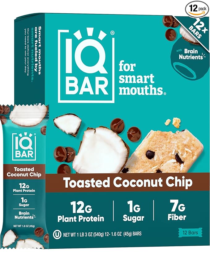 IQBAR Clean Plant Protein Bars - Toasted Coconut Chip - 12 Count - Keto, Vegan, High Fiber, Gluten and Dairy Free, Low Sugar Snack - Brain and Body Nutrients for Focus, Energy, Meal Replacement