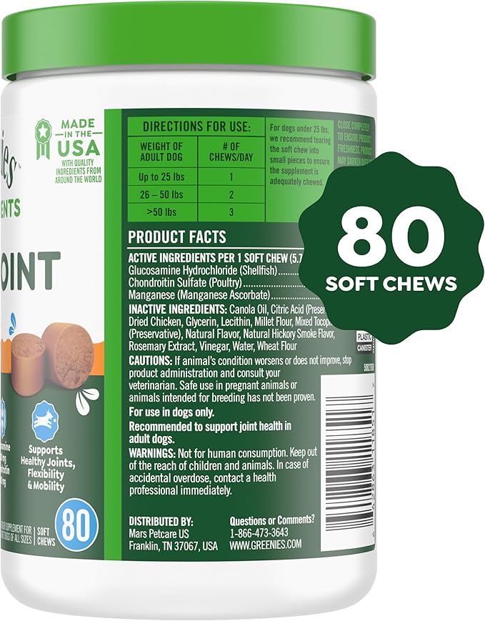 Greenies Supplements Hip and Joint Supplements for Dogs, with Chondroitin & Glucosamine for Dogs, Chicken Flavor, 16.2 oz. Container, 80 Count