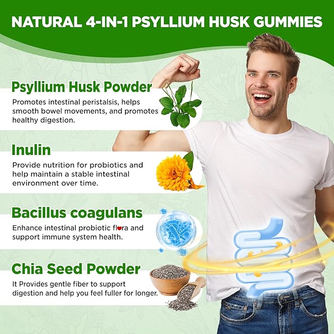 Psyllium Husk Gummies, 1500mg Psyllium Husk Fiber Supplement with Probiotics, Inulin, Chia Seed Powder for Gut & Digestive Health, Regularity, Vegan, Sugar Free, 60 Chewable