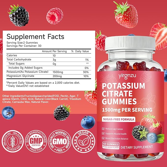 Potassium Citrate Gummies 1500mg, Potassium Supplement for Women & Men, Support Leg Cramps & Muscle Health, Vegan, Mixed Berry Flavor 120 Count