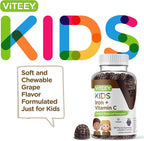 VITEEY Iron for Kids with Vitamin C - Supports Energy, Blood Cell Formulation, Blood Builder Anemia Kids Iron Supplements - Vegan, Gelatin Free, Gluten Free - Tasty Chewable Grape Flavored Gummy