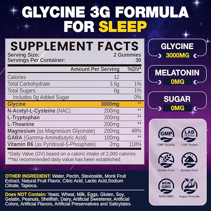 Glycine Gummies for Sleep, Glycine 3g Supplements with NAC, Magnesium Glycinate, L-Theanine, GABA, L Tryptophan, B6 for Relax, Nerve & Brain, Melatonin Free, Sugar Free, Vegan, Blueberry Flavor, 60 Ct