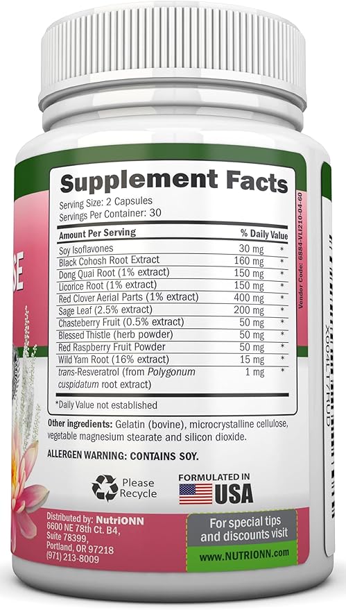 NutriONN Perimenopause Supplement for Women - Natural Support for Hot Flashes & Night Sweats - Improved Mood & Sleep - 11 Herbal Ingredients with Black Cohosh & Red Clover - Hormone Balance - Non-GMO