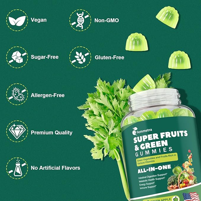 61-in-1 Supergreens Daily Gummies for Women and Men, Multivitamin Superfood Gummy with Probiotics for Metabolic, Energy, and Digestive Health, Sugar Free, Green Apple Flavor, 60 Count