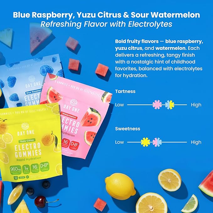 Day One Electrogummies Sour Pack - Citrus, Blue Raspberry & Watermelon Electrolyte Gummies for Runner, Athlete - Hydration Gummies with Electrolytes - Alternative to Powders, Tablets 180 Count