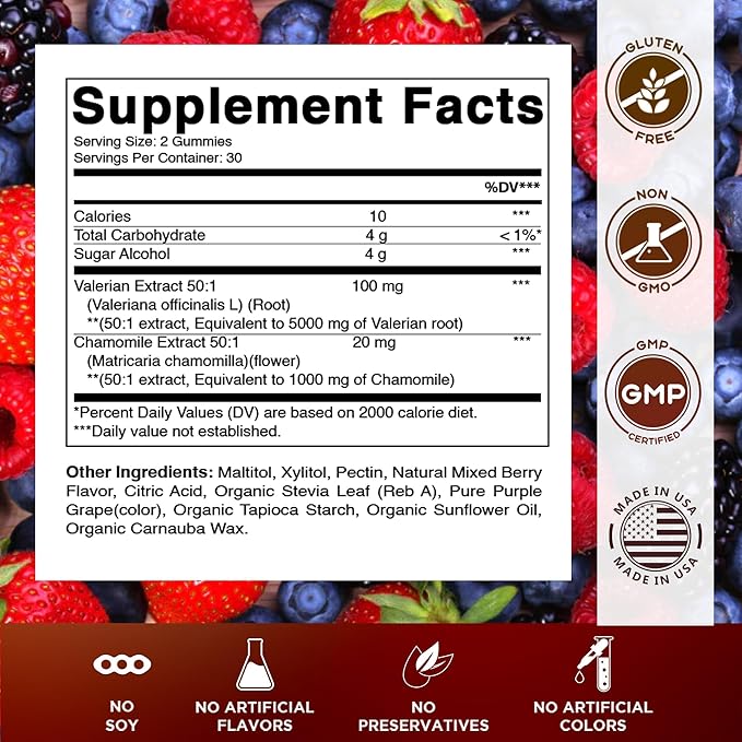 Vitamatic Valerian Root & Chamomile Gummies – Plant-Based Botanical Extract – Mixed Berry Flavor – Vegan, Non-GMO, Gluten-Free – Herbal Supplement – 60 Count
