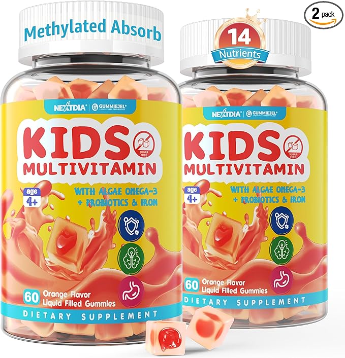 (2 Pack) Kids Multivitamin Gummies with Iron, Sugar Free, Kids Daily Vitamins + Probiotics, Algae Omega 3 (EPA/DHA), A, C, D, Methyl B12, Folate, B6, Zinc, Biotin, for Healthy Growth, Immune Support