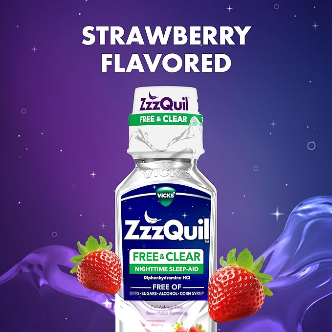 ZzzQuil Liquid Sleep Aid, Diphenhydramine 50mg HCI, Free & Clear, Free of Alcohol and Artificial Dyes, Nighttime Sleep Aid Liquid, Non-Habit Forming, Strawberry Flavored, 2 Pack, 24 FL OZ