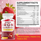 Vegan Iron Gummies for Women & Men, Iron Supplement with B-Complex, Vitamin C, A, Folate for Adults & Kids - Blood Builder & Energy Support & Immune Health - Strawberry Flavor, 120 Gummies