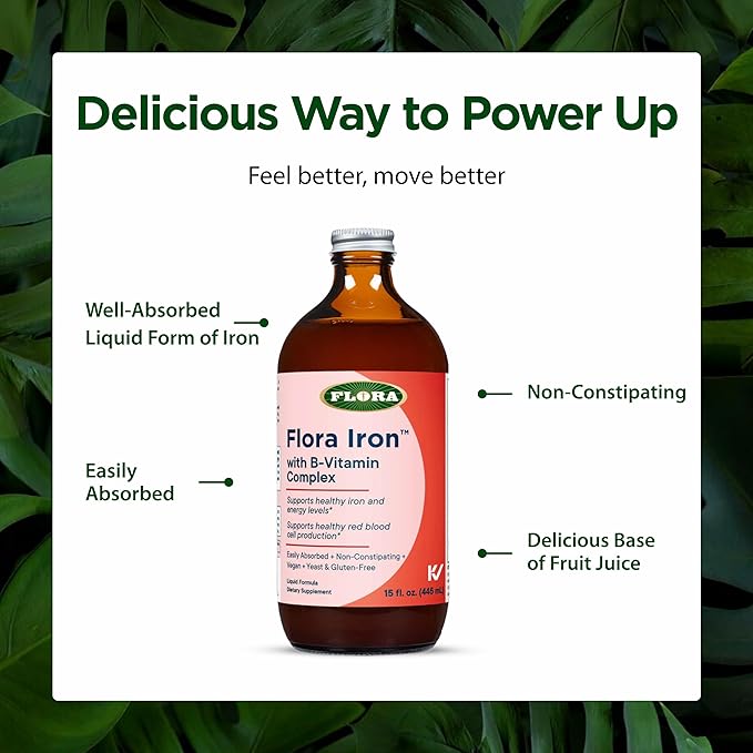 Flora Iron with B-Vitamin Complex - Helps Maintain Healthy Iron Levels - Non-Constipating, Highly Absorbable - Vitamin-B & Liquid Iron - Vegan Supplement - Yeast & Gluten Free, 15-oz. Glass Bottle