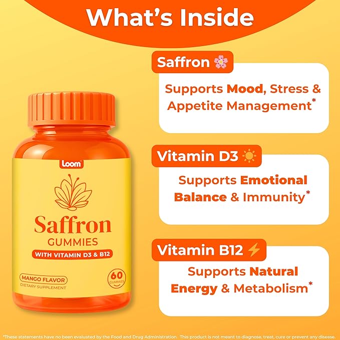 Loom Saffron Gummies with Vitamin D3 & B12 – Natural Mood & Energy Support for Emotional Balance and Stress Relief – Tropical Mango, 60 Count (60 Count, Mango)