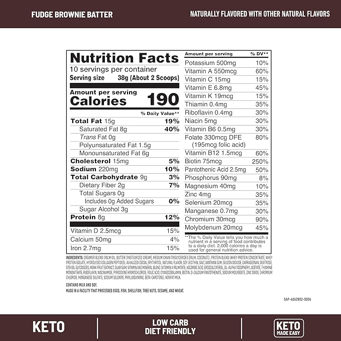 SlimFast Keto Meal Replacement Shake, Fudge Brownie Batter, Low Carb Keto Protein Powder with Collagen & Whey, No Sugar Added, Gluten Free, Weight Loss Support, 10-Serving Canister