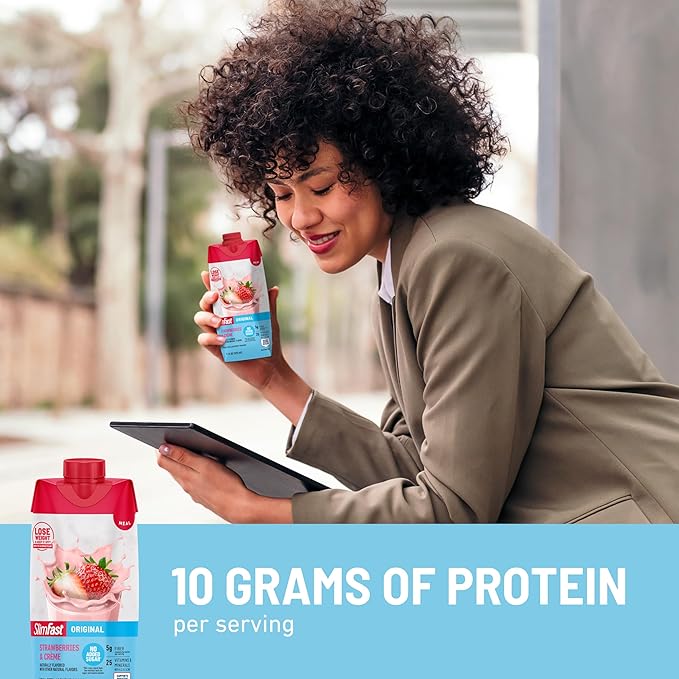 SlimFast Meal Replacement Shake, Original Strawberries & Crème, No Added Sugar, Meal Replacement Shakes, 10g Ready to Drink Protein, 5g Fiber, 25 Vitamins and Minerals, 11 Fl. Oz, 12 Count (Pack of 2)