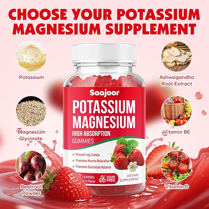Potassium Magnesium Gummies,High Absorption Magnesium Glycinate,D3 & B6,Potassium Citrate - for Muscle Support, Leg Cramps & Electrolyte Balance - Vegan, Non-GMO, Strawberry Flavor, 120 Count