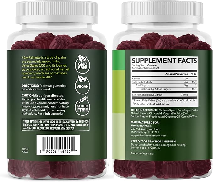 Saw Palmetto for Men Gummies - DHT Blocker Supplement for Hair Health and Male Patterned Balding - 60 Count - Supports Scalp and Prostate Wellness - Raspberry Flavor - Vegan, Non-GMO, 1 Month Supply
