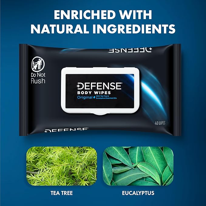 Defense Soap All Natural Body Wipes with Tea Tree Oil | Wrestling, Combat, Camping, Gym, Post Workout Shower Wipes for Men and Women. 40 Count