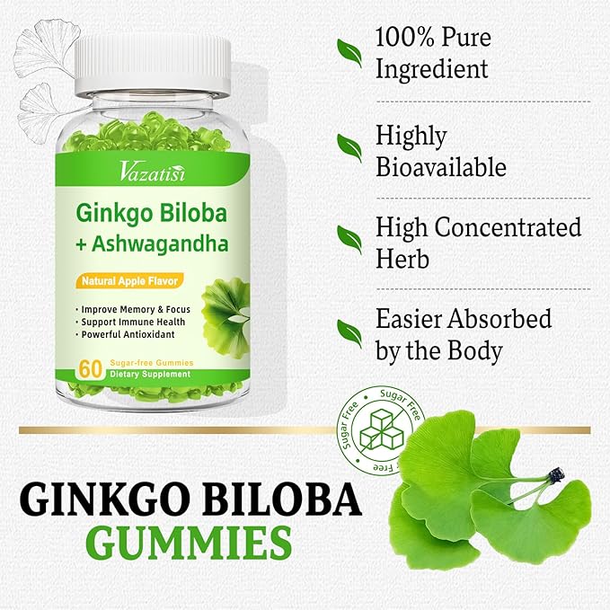 Ginkgo Biloba Gummies 240mg with Panax Ginseng for Better Mood and Focus, Booster Brain Health, 60 Vegan Apple Flavor Gummies