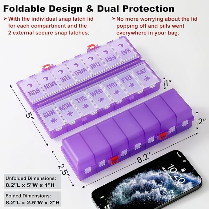 Foldable Pill Organizer 2 Times a Day w/Etched Labels -Dual Protection & Portable Weekly AM PM Pill Box, 7 Day Medicine Container, Large Travel Pill Case for Daily Supplement Vitamin -Clear Purple