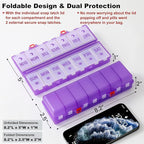 Foldable Pill Organizer 2 Times a Day w/Etched Labels -Dual Protection & Portable Weekly AM PM Pill Box, 7 Day Medicine Container, Large Travel Pill Case for Daily Supplement Vitamin -Clear Purple