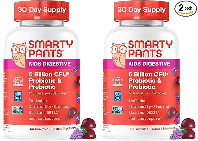 SmartyPants Kids Probiotic & Prebiotic Gummies for Digestive Health: Gut Health Supplement,Clinically Studied Prebiotic for Immune Support,Grape,(30 Day Supply),60 Count (Pack of 2)
