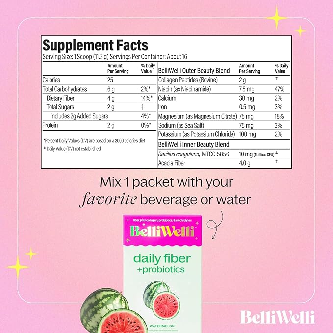 Belli Welli Daily Fiber Supplement Packets with Collagen, Probiotics & Electrolytes | Single Serve Packets for Gut Health, Digestion & Debloating | Watermelon | 10 Count