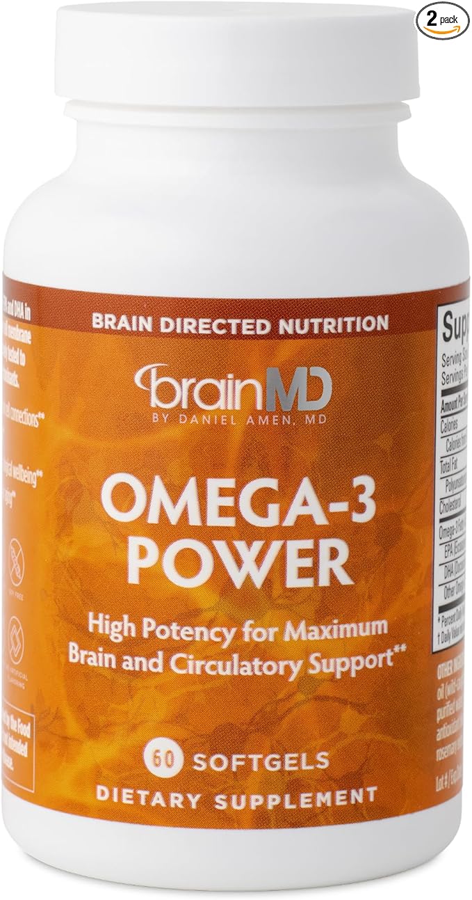BRAINMD Dr Amen Omega-3 Power - 60 Capsules, Pack of 2 - Joint & Immune Support Supplement - Contains DHA & EPA - Gluten Free - 60 Total Servings