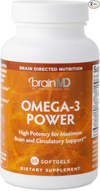 BRAINMD Dr Amen Omega-3 Power - 60 Capsules, Pack of 2 - Joint & Immune Support Supplement - Contains DHA & EPA - Gluten Free - 60 Total Servings