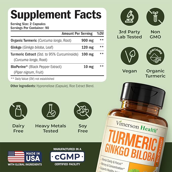 Ginkgo Biloba and Turmeric Curcumin Supplement with Black Pepper & Organic Tumeric – Natural Turmeric Supplement for Focus, Memory, Joint & Brain Health – 180 Vegan Ginko Biloba Capsules with Curcuma