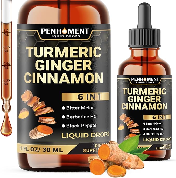 6in1 Liquid Turmeric Ceylon Cinnamon Berberine Ginger Bitter Melon & Black Pepper – Turmeric Supplement Drops – 1 FL OZ – 60 Servings